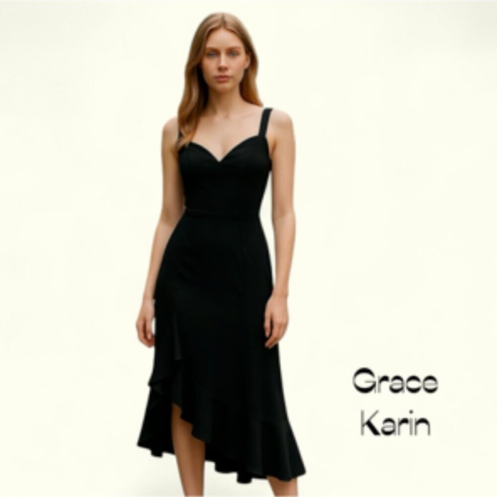 Grace Karin Black Ruffled Feminine Party Event Women's Maxi Dress NWT Size Small